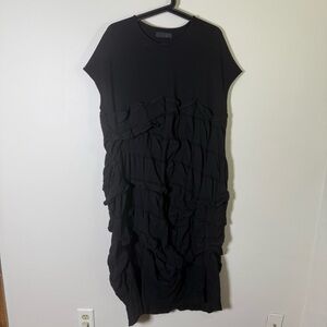 Moyuru Japan Art to Wear Oversized Tiered Black Short Sleeve Midi Dress Small
